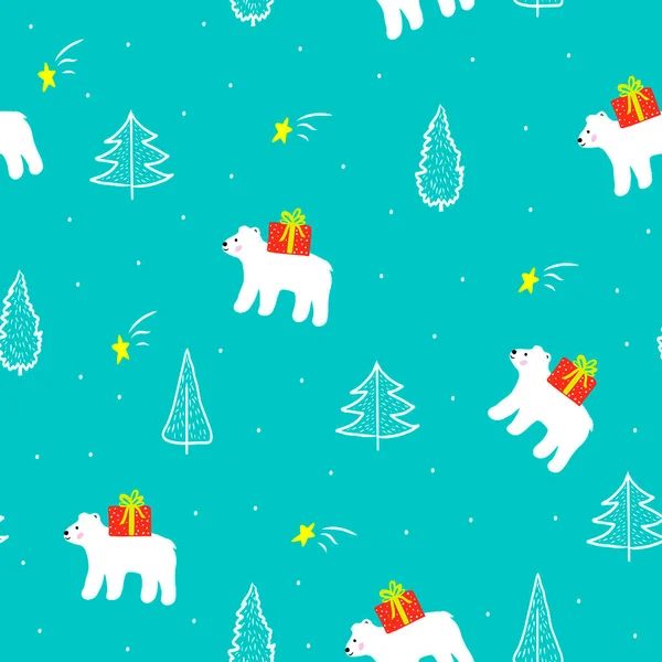 Рождественский бесшовный узор с белой белой медведицей, подарочная коробка, зимняя печать для оберточной бумаги, наполнители узоров, дизайн интерьера и обложки, фон веб-страницы, рождественские и новогодние открытки — стоковый вектор