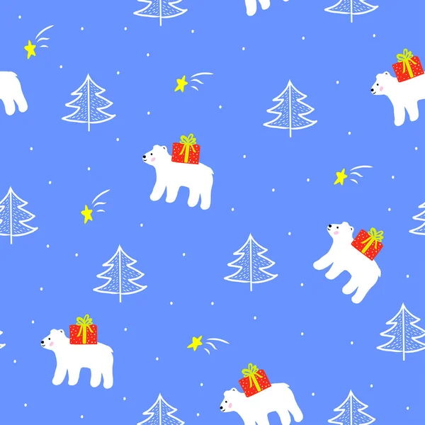 Симпатичный узор на Рождество и Новый год без печати с белым полярным медведем, доставка потрохов, зимний принт для оберточной бумаги, дизайн интерьера и обложки, фон веб-страниц, детская мода, детский текстиль — стоковый вектор