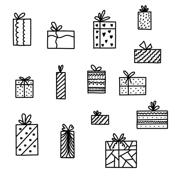 Ручной набор подарков в стиле каракулей, плоская коллекция иконок на день рождения, набросок изолированного подарка на Рождество и новогоднее оформление, элемент дизайна для веб-страниц. — стоковый вектор