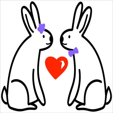 Sevimli el çizimi tavşan çifti aşık, kız ve erkek tavşanla karalama sanatı ve arasında kırmızı kalp, düğün dekoru için baskı, kapak tasarımı, logo, web simgesi, çıkartma, dövme çizimi beyaz üzerine izole edilmiş