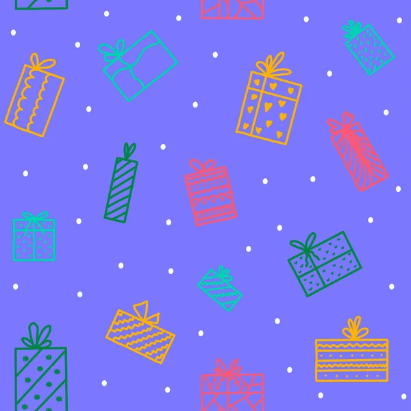 Frohes neues Jahr und Weihnachten nahtlose Muster mit Geschenkboxen im Doodle-Stil auf sehr peri trendigen Hintergrund, Druck für Tapeten, Cover-Design, Verpackung, Urlaub Inneneinrichtung — Stockvektor