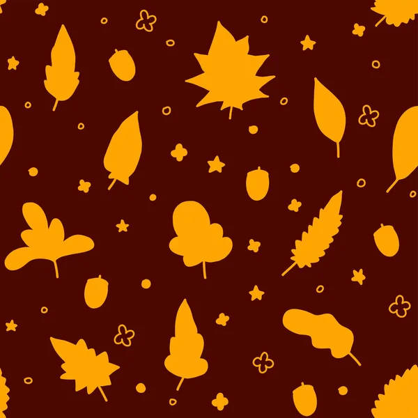Motif sans couture avec des feuilles et des points orange abstraits vectoriels dessinés à la main, illustration d'automne lumineuse pour envelopper, couvrir et papier peint, design d'intérieur, impression textile, motif botanique simple, fond brun — Image vectorielle