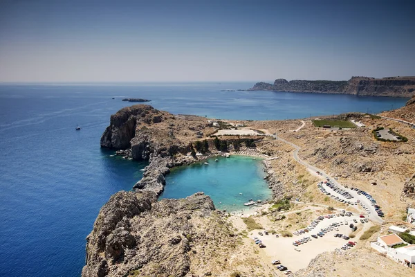Looking down onto St Paul's Bay at Lindos on the Island of Rhodes Greece — Stock Photo, Image