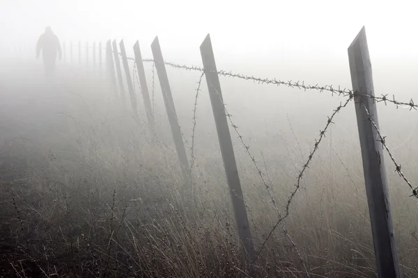 Man walking near barbed wire fence in dense fog — Stock Photo, Image