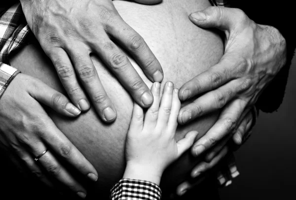 Ruce členů rodiny drží břicho těhotné ženy — Stock fotografie
