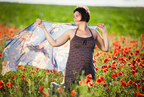 Young pregnant woman in poppy field — Stock Photo, Image