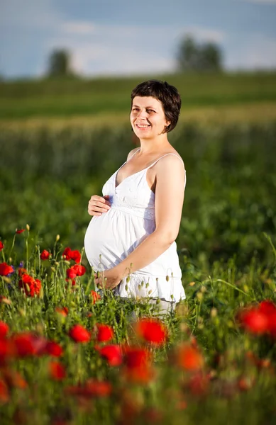 Jeune femme enceinte dans le champ de pavot — Photo