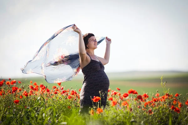 Giovane donna incinta nel campo di papavero — Foto Stock