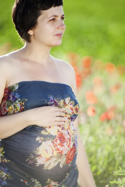 Giovane donna incinta nel campo di papavero — Foto Stock