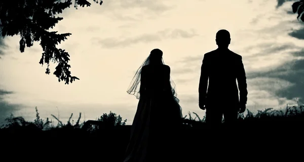 Εικόνας Silhouette νύφη και γαμπρός στο ηλιοβασίλεμα — Φωτογραφία Αρχείου