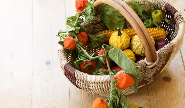 Canasta de otoño con calabazas, manzanas, maíz y physalis — Foto de Stock