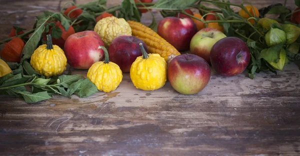 Pumpkins, apples, corn and physalis on wood table — Stock Photo, Image