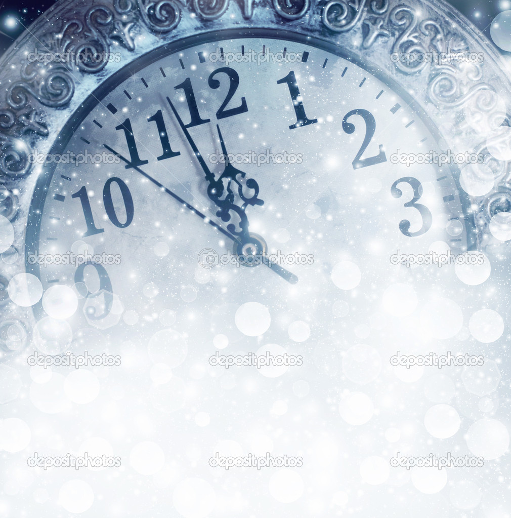 Old clock with stars snowflakes and holiday lights