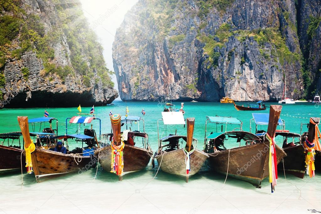  Thailand ocean landscape. Exotic beach view and traditional shi