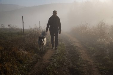 Sisli bir sonbahar manzarasında yürüyen bir adam