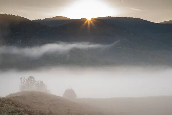 Όμορφο Ομιχλώδες Τοπίο Φθινόπωρο Πρωί Στην Αγροτική Τρανσυλβανία — Φωτογραφία Αρχείου