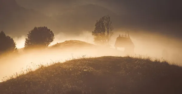 Bellissimo Paesaggio Nebbioso Autunno Mattina Transilvania Rurale — Foto Stock