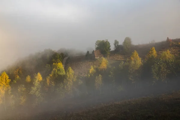 Bellissimo Paesaggio Nebbioso Autunno Mattina Transilvania Rurale — Foto Stock