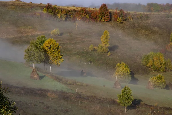 Piękny Mglisty Jesienny Poranek Krajobraz Wsi Transylwania — Zdjęcie stockowe