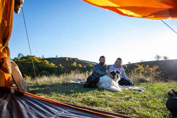 Gelukkige Vrienden Camping Met Hond Herfst Landschap — Stockfoto