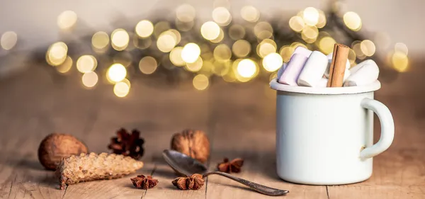Banner Natal Com Xícara Com Chocolate Quente Marshmallows Com Paus — Fotografia de Stock