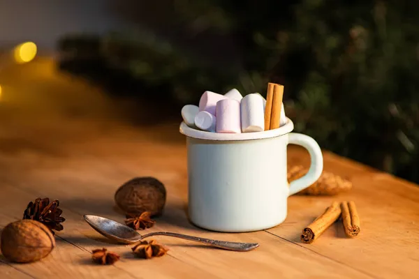 Xícara Chocolate Quente Com Marshmallows Cones Paus Canela Ramos Abeto — Fotografia de Stock