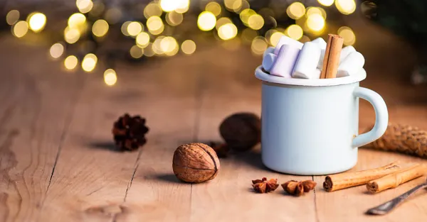 マシュマロシナモンスティックコーンとスプルースの枝とホットチョコレートのカップ 居心地の良いクリスマスと新年の休日の概念 — ストック写真