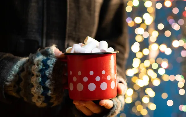 Mulher Segurando Caneca Com Vinho Quente Chocolate Quente Mercado Natal — Fotografia de Stock