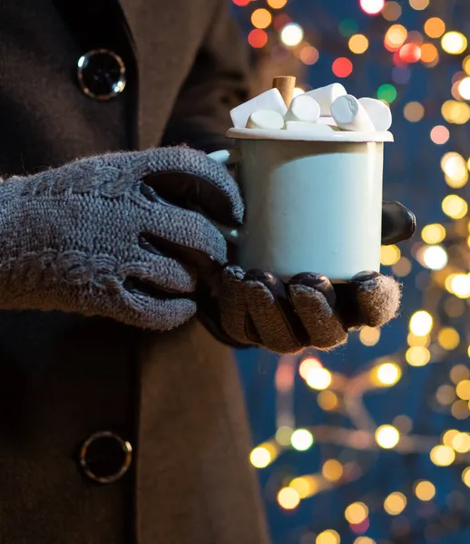Woman Holding Mug Mulled Wine Hot Chocolate Christmas Market — Stock Photo, Image