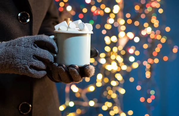 Woman Holding Mug Mulled Wine Hot Chocolate Christmas Market — Stock Photo, Image