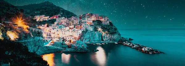 Notte Stellata Sul Borgo Manarola Una Delle Cinque Terre Notte — Foto Stock