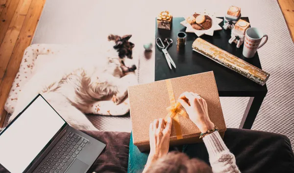 Vrouw Thuis Met Hond Hygge Met Kerst — Stockfoto