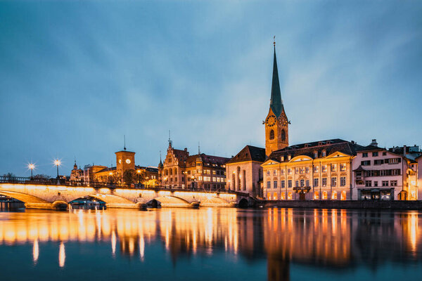 Panorama of Zurich city center with Frau Munster and Grossmunster