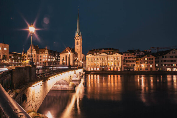Panorama of Zurich city center with Frau Munster and Grossmunster