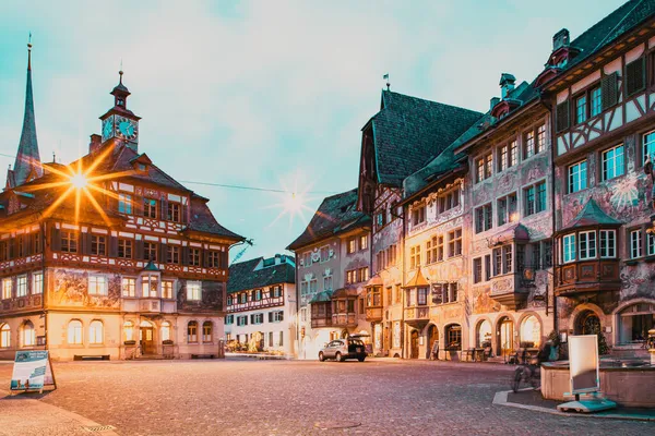 Pitoresca Aldeia Suíça Stein Rhein Noite — Fotografia de Stock