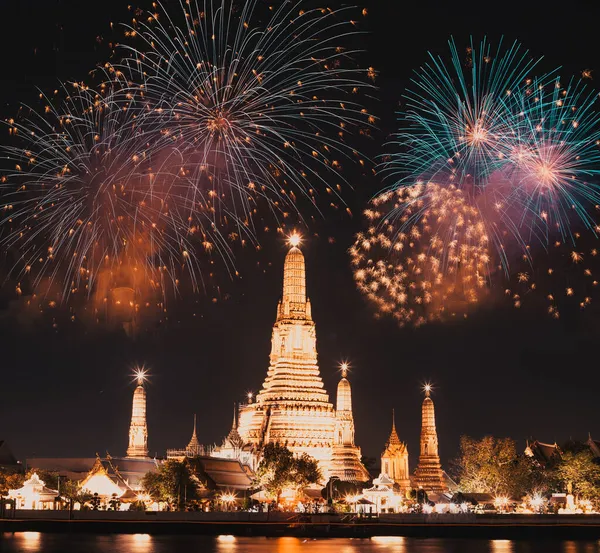 Exotic New Year Bangkok New Year Countdown Fireworks Wat Arun — Stock Photo, Image