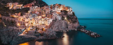 Panorama görünüm Manarola köyün bir gece Cinque Terre La Spezia, İtalya