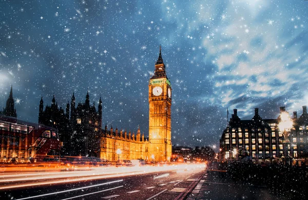 Queda Neve Sobre Big Ben Inverno Londres — Fotografia de Stock