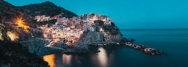 Panorama View Manarola Village One Cinque Terre Night Spezia Italy — Stock Photo, Image