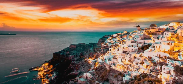 Panorama Increíble Puesta Sol Sobre Oia Santorini — Foto de Stock