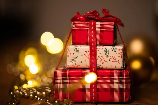 Red Gift Boxes Holiday Christmas Lights — Stockfoto