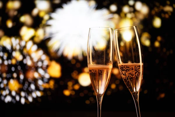 Two Champagne Glasses Festive Light Happy New Year — Stock Photo, Image