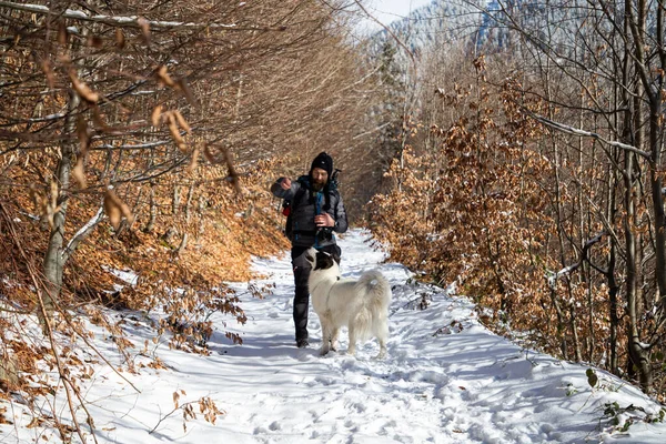 Homme Chien Blanc Trekking Dans Les Montagnes Hiver — Photo