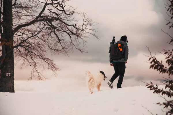 Człowiek Biały Pies Trekking Górach Zimowych — Zdjęcie stockowe