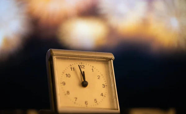 Clock Midnight Fireworks New Year Eve Celebration — ストック写真