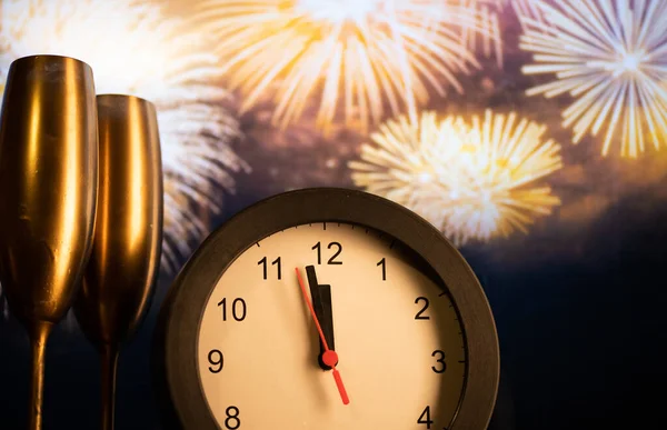 Orologio Mezzanotte Fuochi Artificio Festa Capodanno — Foto Stock