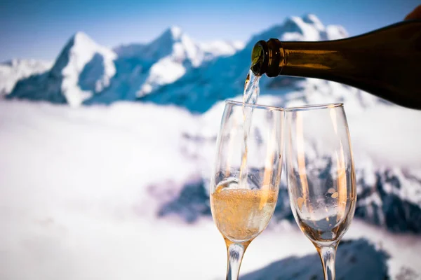 Champagne Glasses Snowy Peaks Background New Year Royalty Free Stock Images