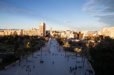 VALENCIA , SPAIN - DECEMBER 6, 2021: aerial cityscape view from Serranos towers on the old town of Valencia city in Spain