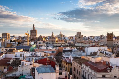 VALENCIA , SPAIN - DECEMBER 6, 2021: aerial cityscape view from Serranos towers on the old town of Valencia city in Spain