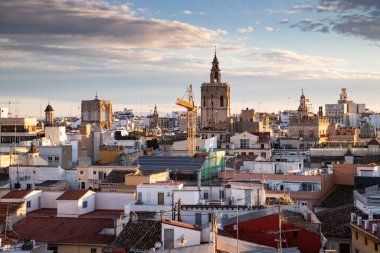 VALENCIA , SPAIN - DECEMBER 6, 2021: aerial cityscape view from Serranos towers on the old town of Valencia city in Spain
